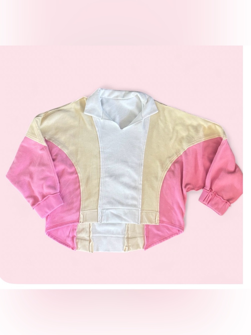 Colorblock Pink, Cream & White Fleece V neck Oversized Pullover - Medium